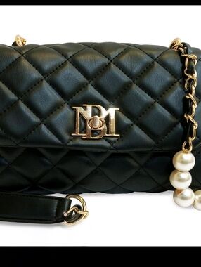 Badgley Mischka Black Quilted Crossbody with Gold Chain & Pearl Detail